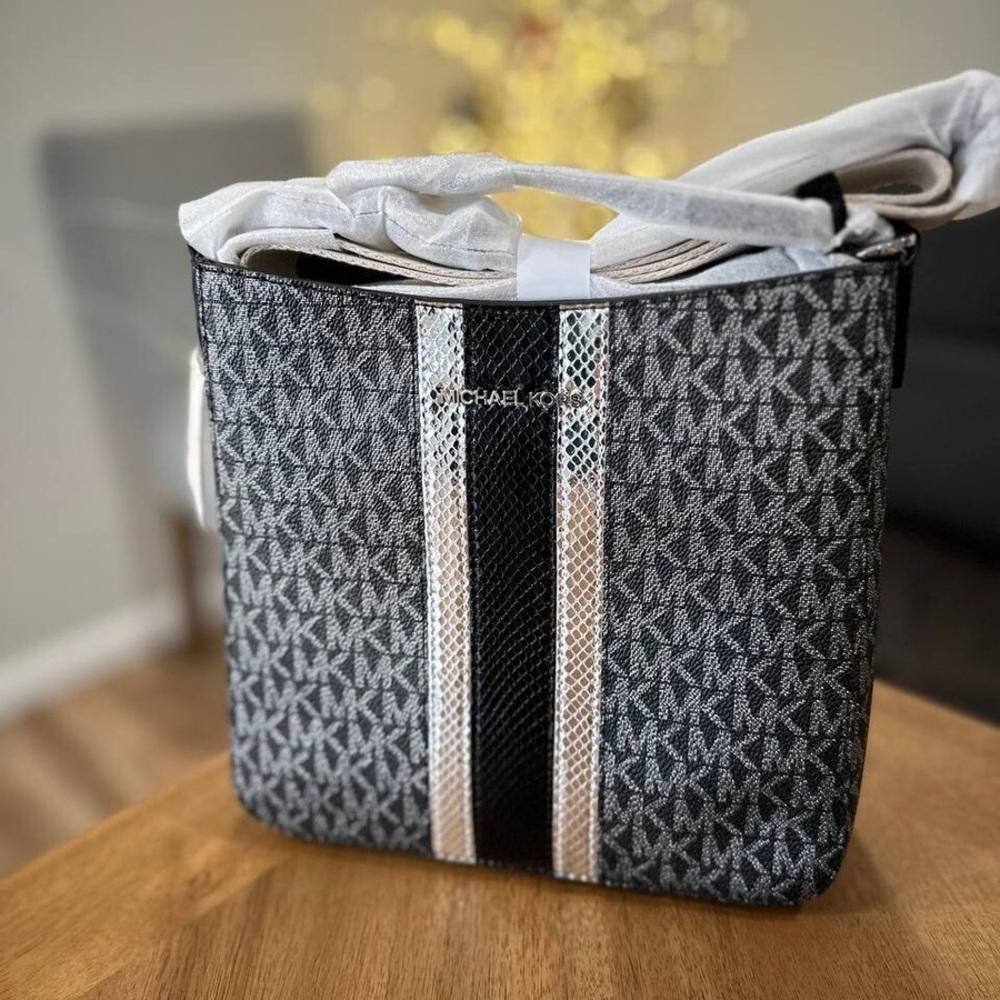 Michael Kors Monogram Tote with Black and Cream Stripes